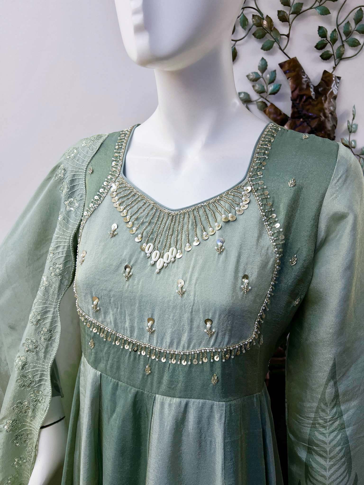 SB0726-08 Sage Green Flared Tissue Shimmer Anarkali Set - Image 2