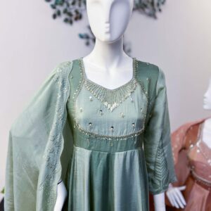 SB0726-08 Sage Green Flared Tissue Shimmer Anarkali Set