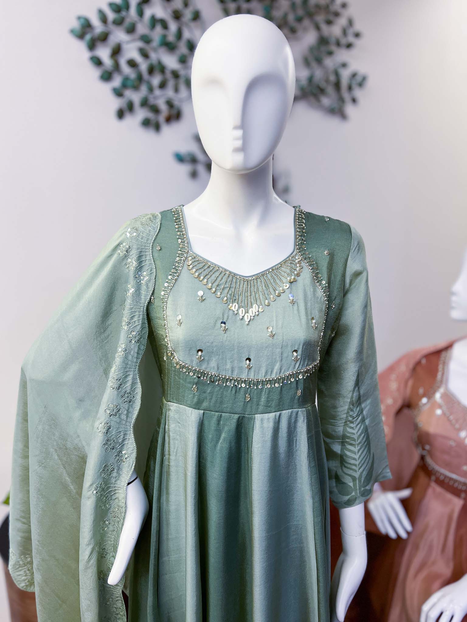 SB0726-08 Sage Green Flared Tissue Shimmer Anarkali Set