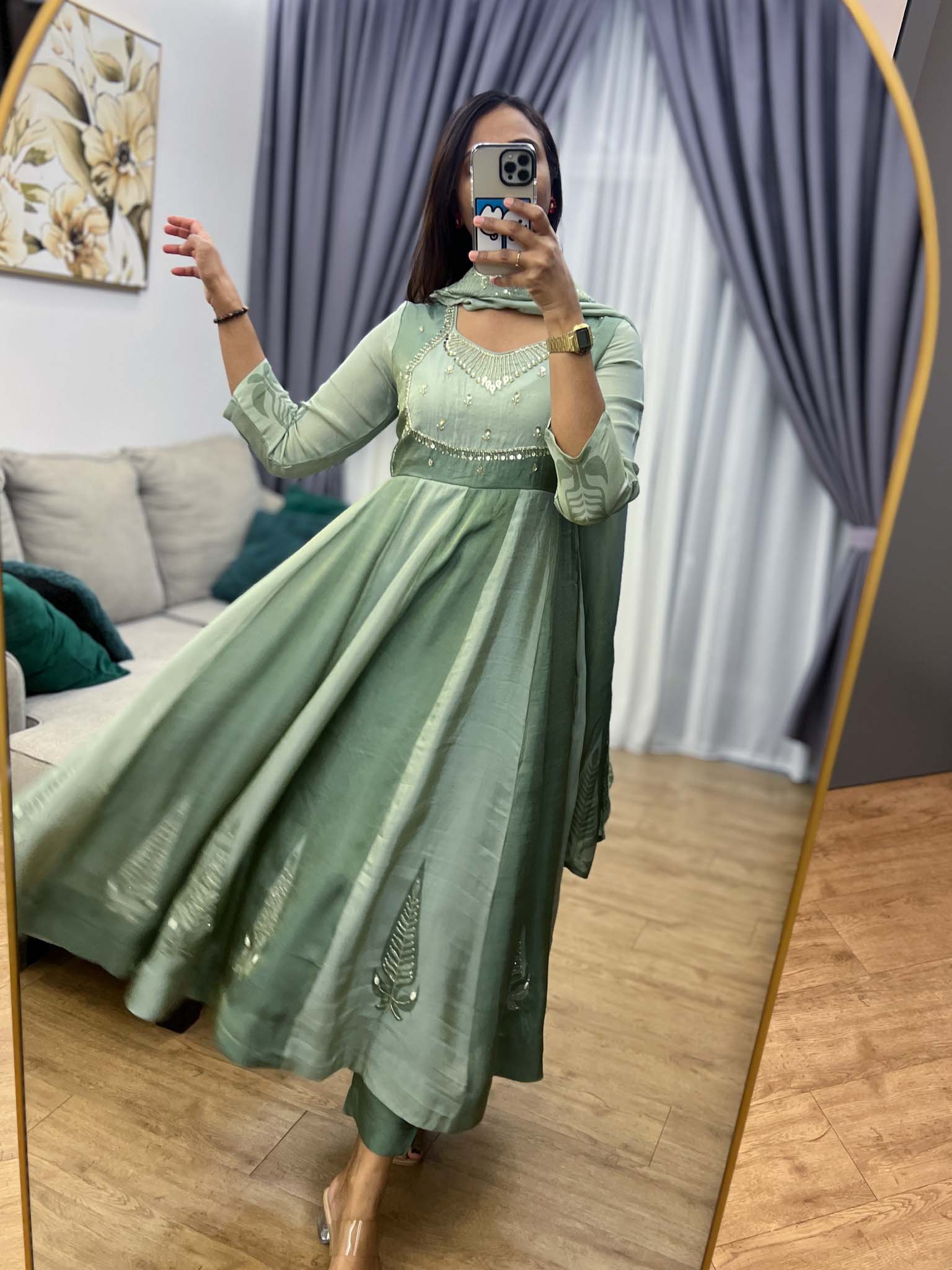 SB0726-08 Sage Green Flared Tissue Shimmer Anarkali Set - Image 6