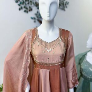 SB0726-09 Dusty Rose Flared Tissue Shimmer Anarkali Set