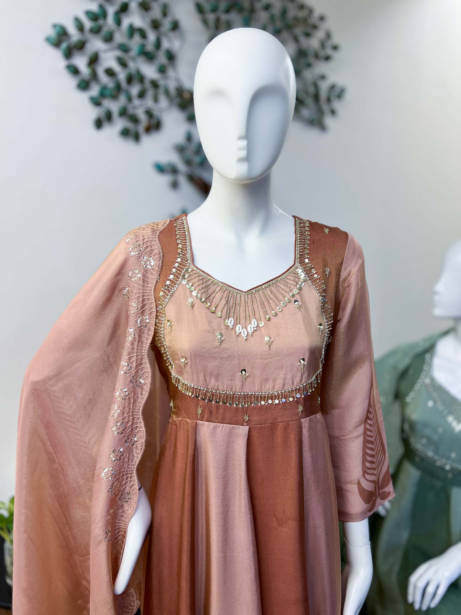 SB0726-09 Dusty Rose Flared Tissue Shimmer Anarkali Set
