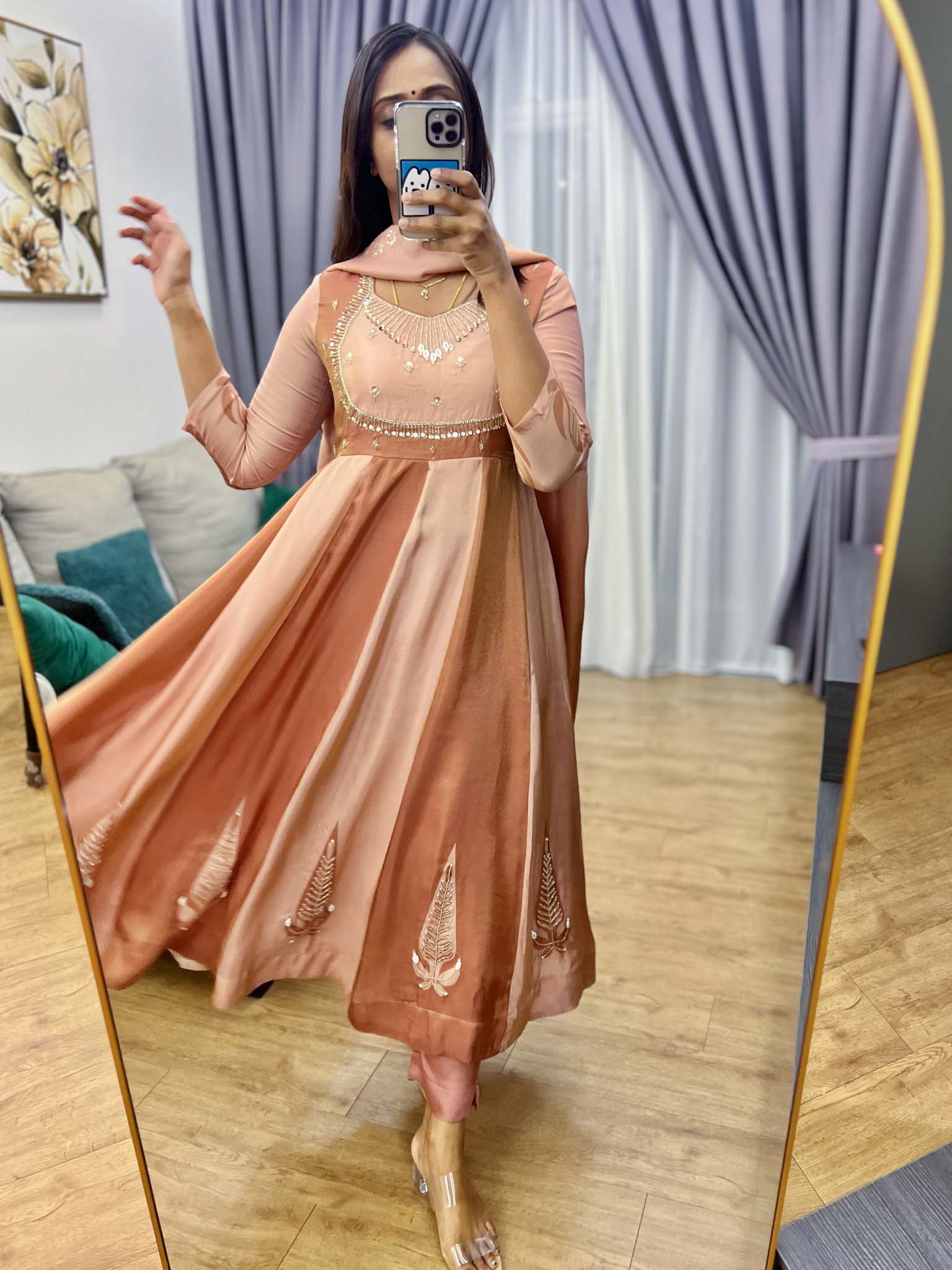 SB0726-09 Dusty Rose Flared Tissue Shimmer Anarkali Set - Image 7